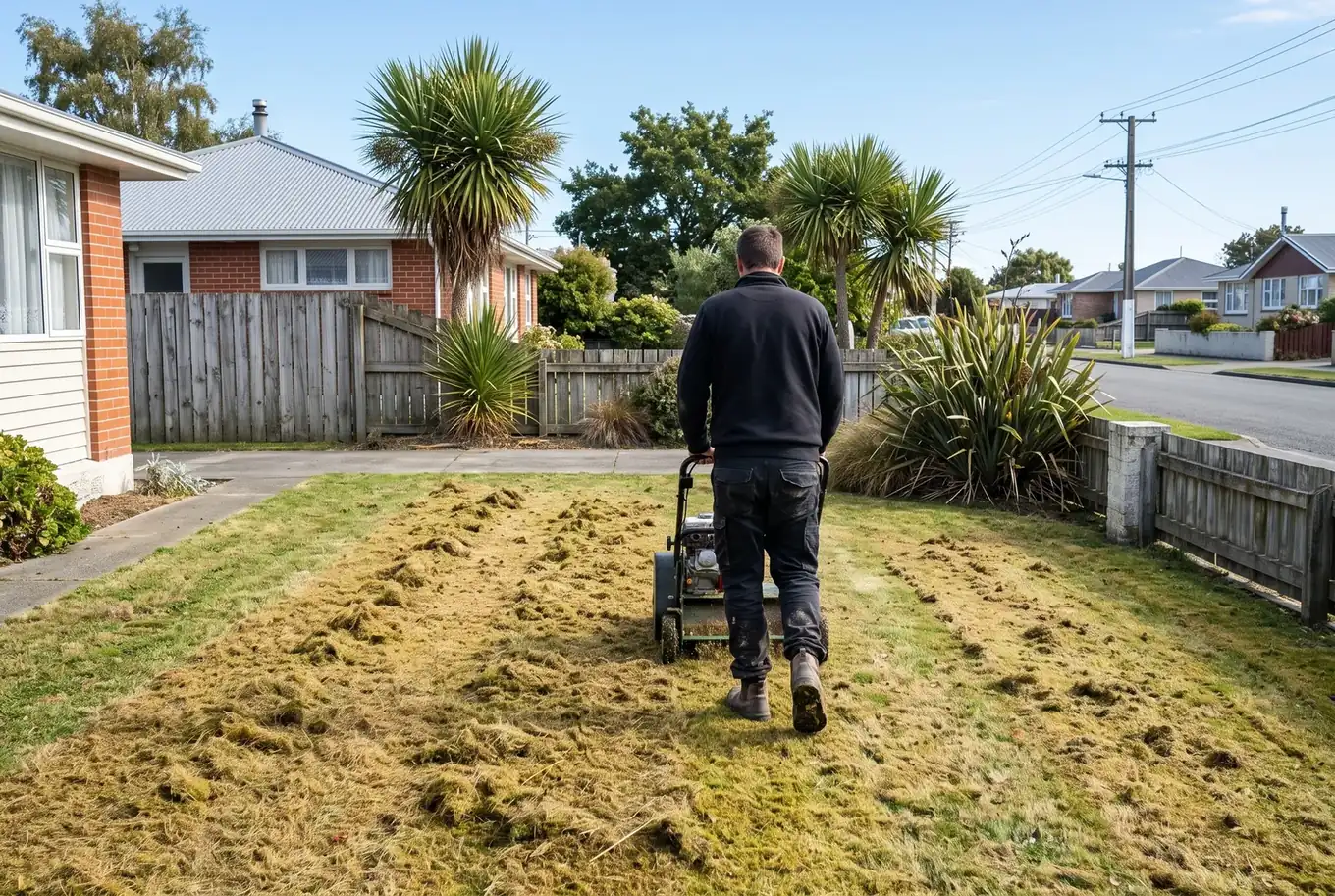 Worker operating a scarifier dethatcher on a lawn