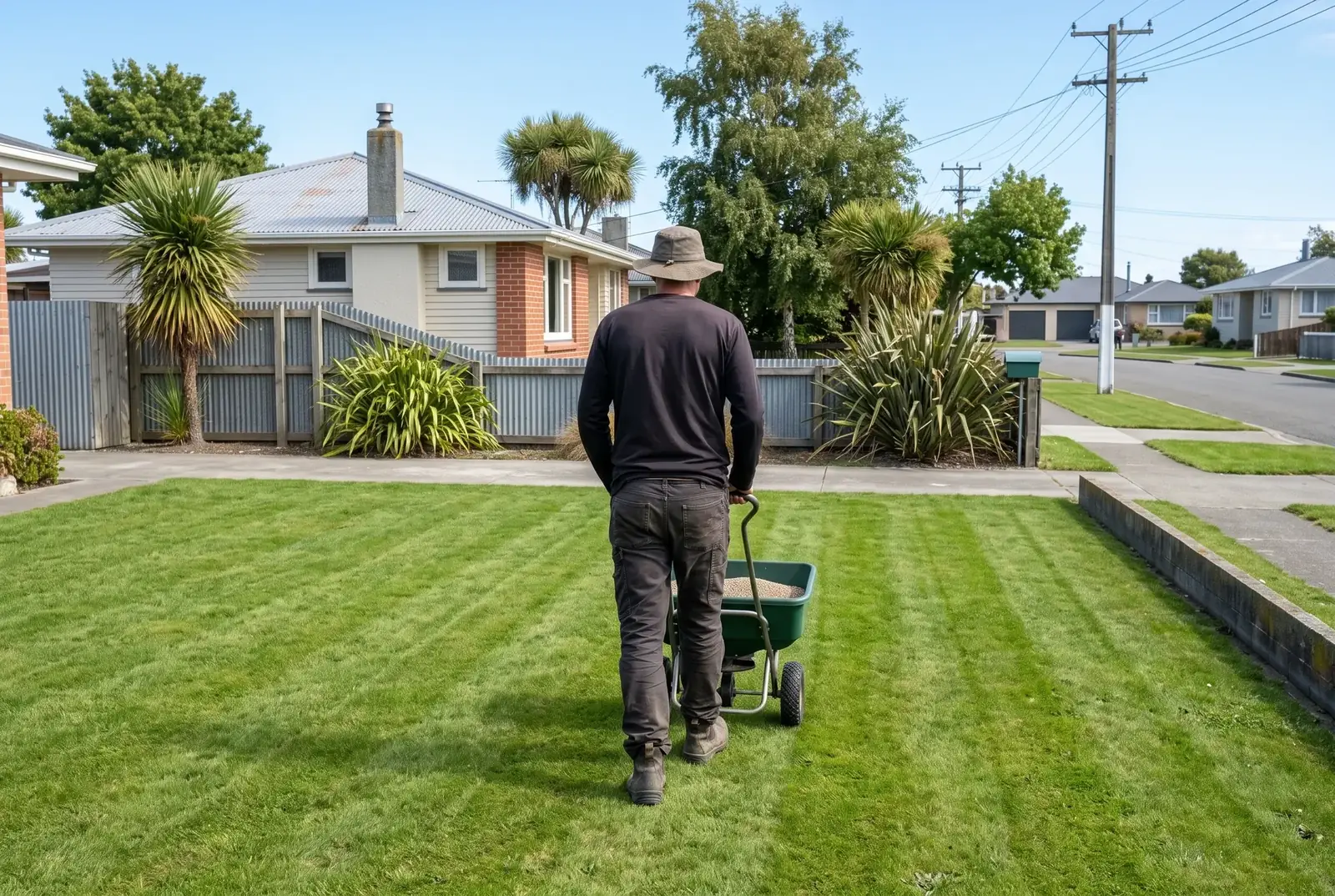 Worker pushing a fertiliser spreader across a lawn