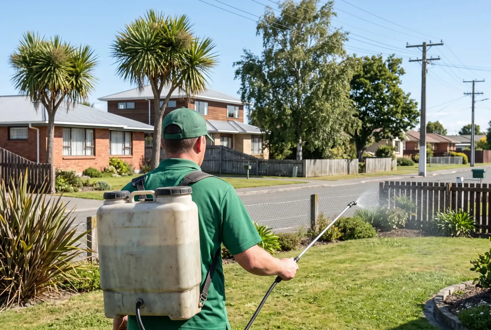 Lawn-care worker spraying a green lawn with a spray wand